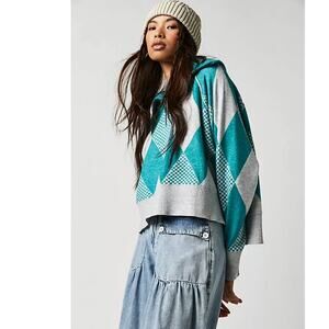 New Free People Lucy Half Zip Pullover SWEATER TOP $198 SMALL Maui Gray Argyle